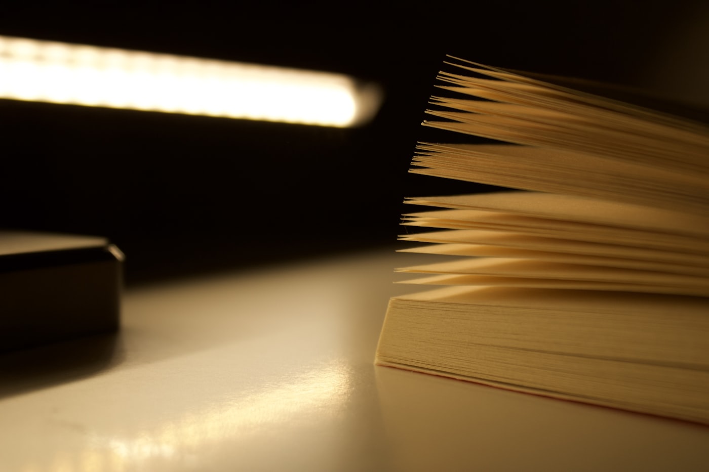 Libro abierto sobre un escritorio, iluminado por luz lateral